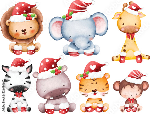 Watercolor illustration set of Christmas baby animals wearing santa hat 