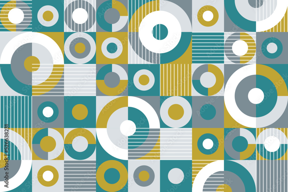 Abstract flat geometric background, mosaic pattern design with the simple shape of circles, square, and line art. Mural wallpaper. Neo geometric. Vector Illustration.