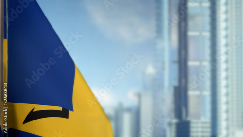 flag of Barbados on modern city architecture bokeh backdrop for memorial day - abstract 3D illustration