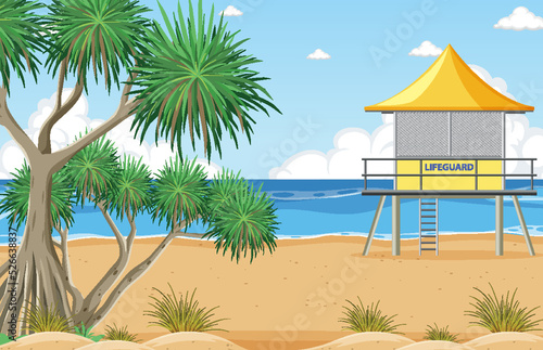 Beach scene with lifeguard tower