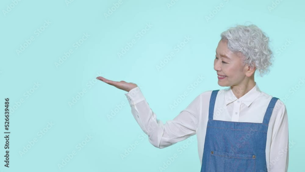 案内するエプロンをつけたシニア女性 案内するエプロンをつけたシニア女性