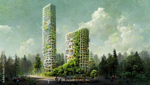 Fotografija Spectacular eco futuristic cityscape abundant in vegetation features city buildings and green park, forest