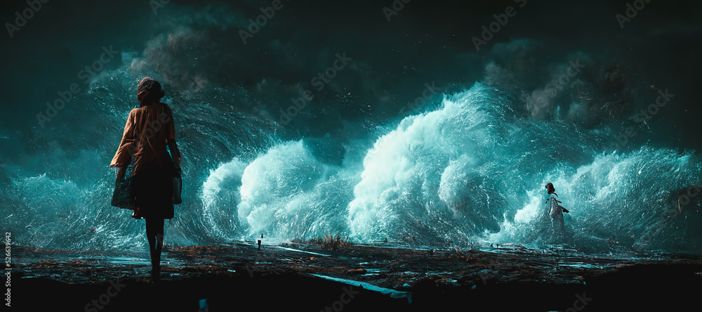 Spectacular image of massive splashing wave crashes on the reef as a defiant woman stands defiantly on the beach. Digital art 3D illustration. - obrazy, fototapety, plakaty 