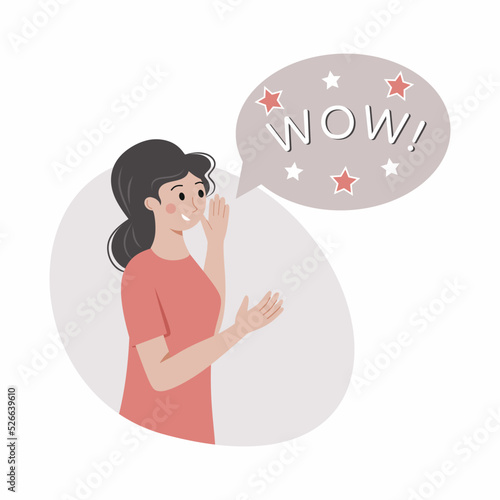Happy woman says wow. Advertising banner. Promotions and discounts. Vector character in flat style. Admiration.