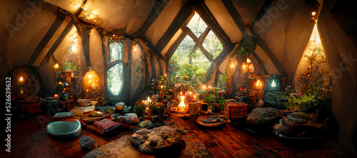Obraz na płótnie Spectacular picture of interior of a fantasy medieval cottage, full with plants furniture and enchanted light