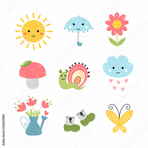 Set summer sticker for girl. Cute children character. Easter illustration. Design of nursery.