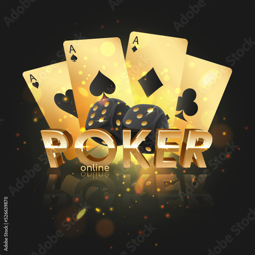 Golden letters Poker with  black dices, gold playing cards on black background with gold lights, sparkles and bokeh. Vector illustration.