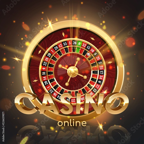 Golden logo casino online, roulette wheel with wood desk and cells, gold dices on black background with golden light, rays, glare, sparkles. Vector illustration for casino, game design, advertising.