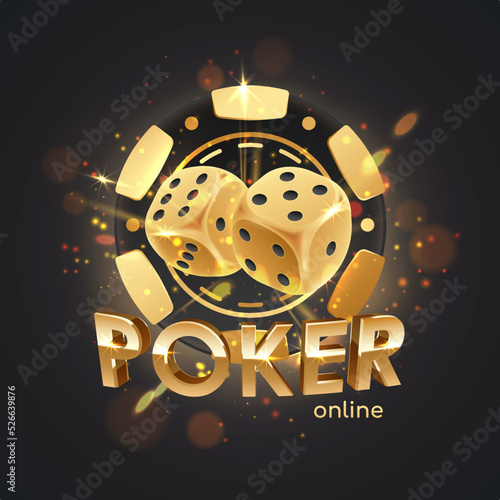 Golden letters Poker online with golden poker chip, token, dices on black background with gold lights, sparkles and bokeh. Vector illustration.