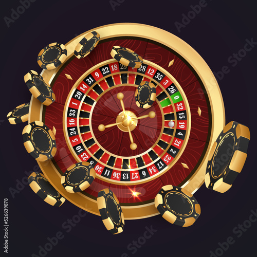 Twist black poker chips, tokens on  golden casino roulette, wheel with wood desk and cells on black background. Vector illustration for casino, game design, advertising.