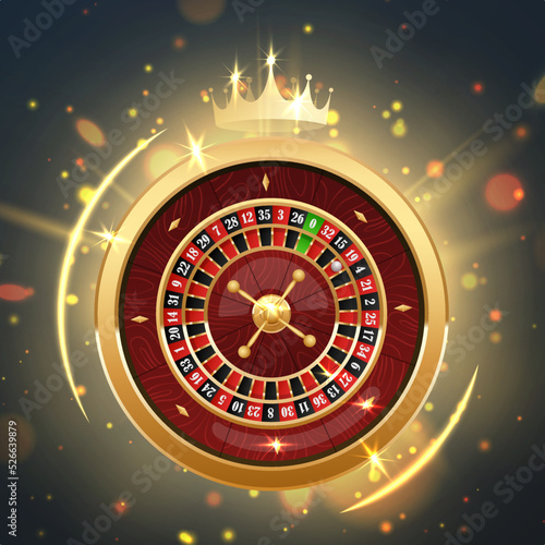 Golden logo casino, roulette wheel with wood desk and cells, gold crown on black background with golden circles light, rays, glare, sparkles. Vector illustration for casino, game design, advertising.