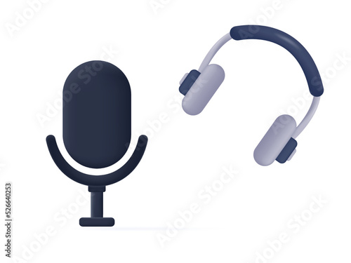 3d headset, headphone with microphone icon. Equipment and accessories for remote communication, podcast, vlog or stream. Hotline or support service concept. Audio with earphone. Vector illustration 