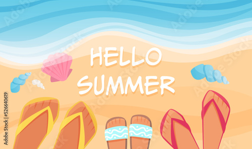 Summer beach with happy moment of family vector illustration. Cartoon mother father and kid tourists feet in sandals and flip flops, step away from blue wave, top view background. Hello summer concept