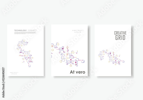 Vector background with curved lines. Network shapes design. Abstract pattern of dots, lines, rounded squares, circles and other simple geometric objects