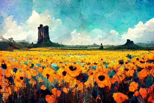 CG illustration of a scene with many yellow flowers.