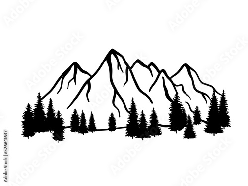 Mountain ranges and tree sketch. Vector illustration isolated on white background. Doodle drawing landscape