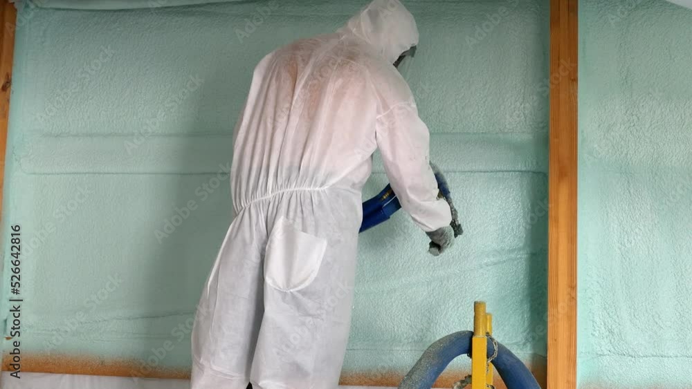 Stockvideo Worker in respirator and Tyvek suit sprays second closed