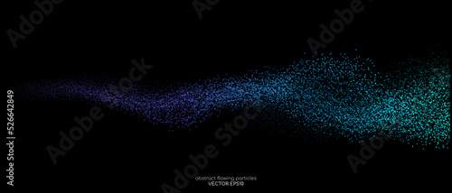 Abstract colorful blue light dots particles flowing wavy isolated on black background. Vector illustration design elements in concept of technology, energy, science, music.