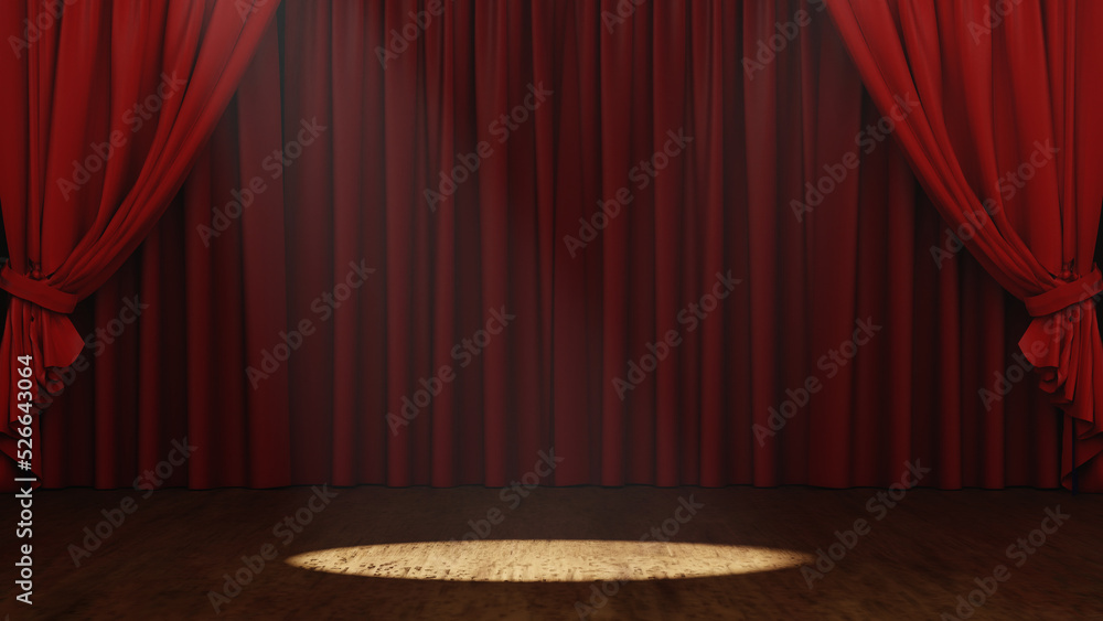 Fototapeta premium Empty Stage theater or opera with red curtain and Spotlight, 3D rendering.