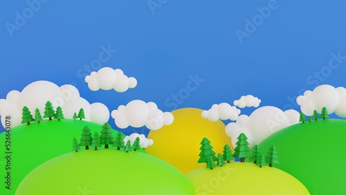 Cartoon Spring summer rural landscape  meadow and mountain with blue sky and cloud  for banner  poster background  3D rendering.