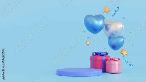 Promotion platform pedestal podium stage with gifts box and balloon, mock up for valentine or anniversary season, 3D rendering.