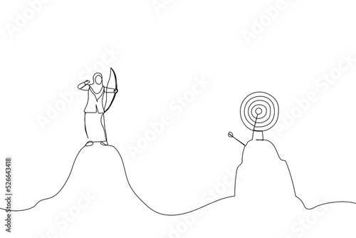 Drawing of overconfidence muslim businesswoman archery terribly missed target. Metaphor for terrible missed target, failure or mistake. Single line art style