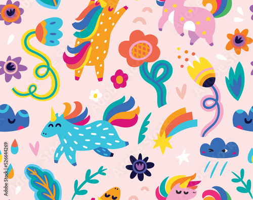 Festive seamless pattern with unicorns, flowers and clouds. Vector illustration