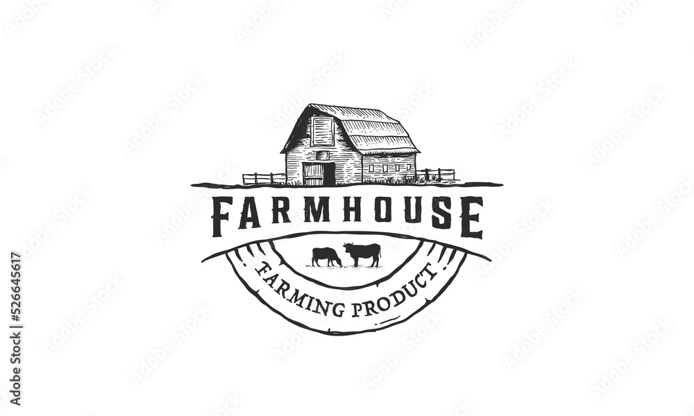 arm House concept logo. Template with farm landscape. Label for natural ...