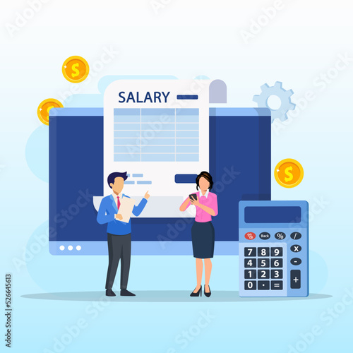 Salary vector concept. online income calculate and automatic payment, calendar pay date, employee wages concept.