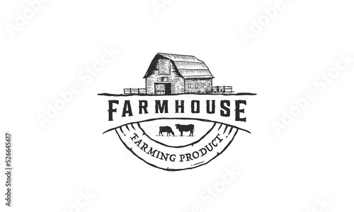 arm House concept logo. Template with farm landscape. Label for natural farm products. Black logotype isolated on white background. Vector illustration.