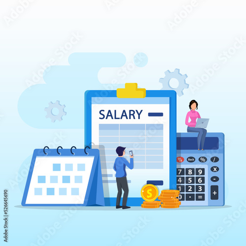 Salary vector concept. online income calculate and automatic payment, calendar pay date, employee wages concept.