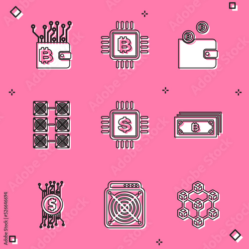 Set Cryptocurrency wallet, CPU mining farm, , Mining, Processor chip with dollar and bitcoin icon. Vector