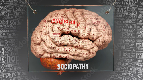 Sociopathy in human brain - dozens of important terms describing Sociopathy properties and features painted over the brain cortex to symbolize Sociopathy connection with the mind.,3d illustration photo