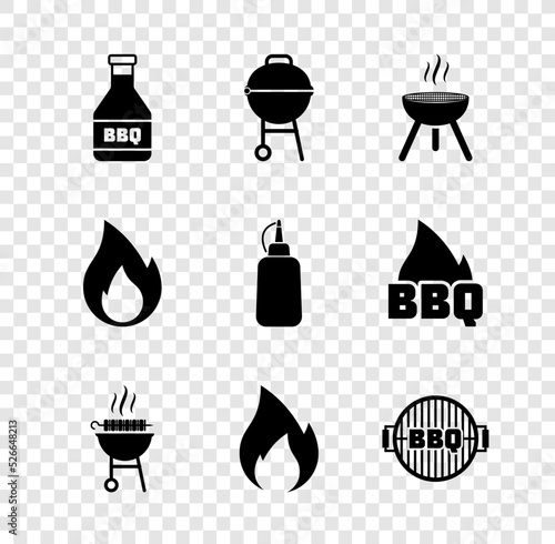 Set Ketchup bottle, Barbecue grill, grilled shish kebab, Fire flame, and Mustard icon. Vector