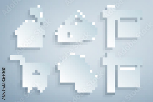 Set House with percant, Hanging sign Sold, Shopping cart house, Open, and heart shape icon. Vector