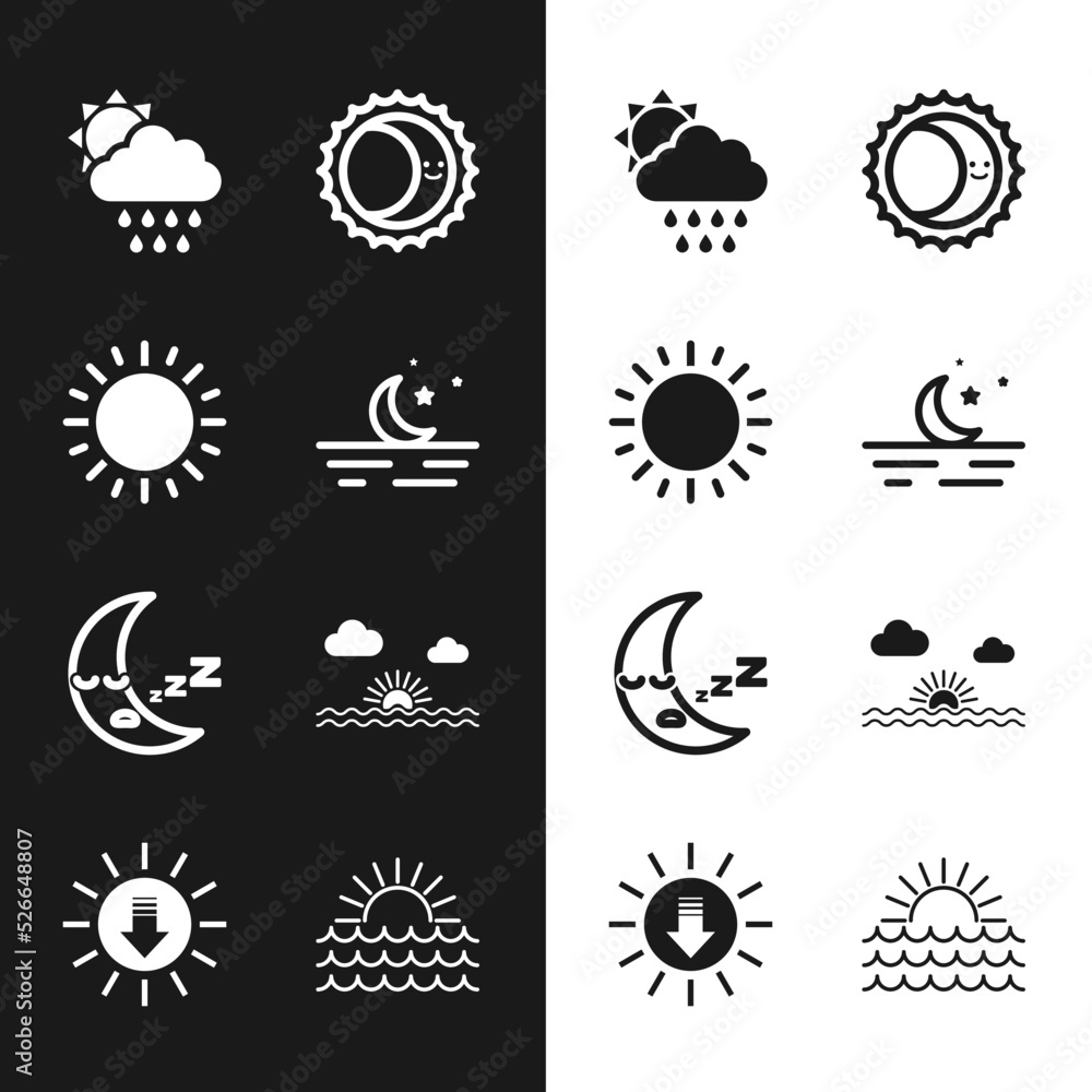 Set Moon and stars, Sun, Cloud with rain sun, Eclipse of the, icon, Sunset, and icon. Vector