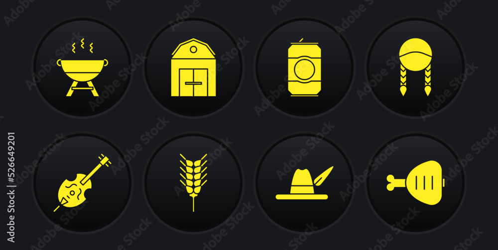 Set Violin, Braid, Wheat, Oktoberfest hat, Beer can, Farm House, Chicken leg and Barbecue grill icon. Vector Set Violin, Braid, Wheat, Oktoberfest hat, Beer can, Farm House, Chicken leg and Barbecue grill icon. Vector