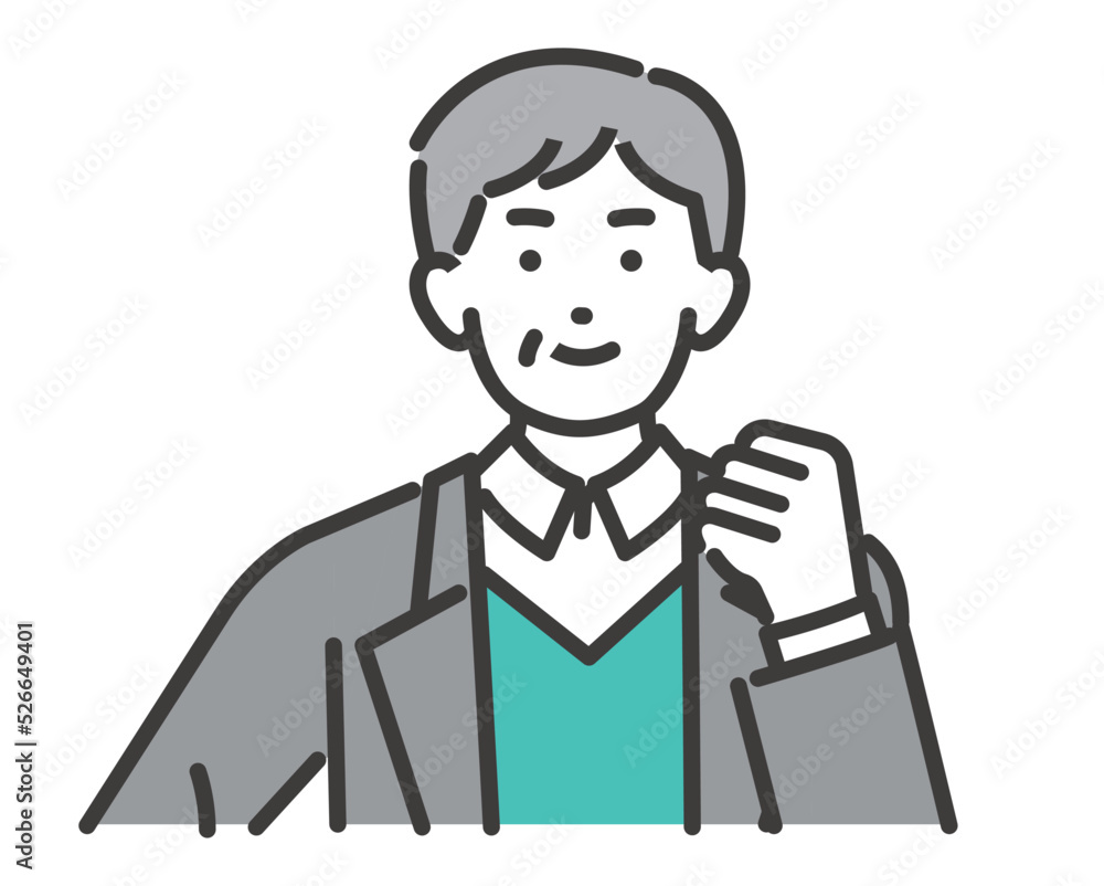 ガッツポーズをするシニア男性の線画ベクターイラスト素材/男性/オシャレ/終活 ガッツポーズをするシニア男性の線画ベクターイラスト素材/男性/オシャレ/終活