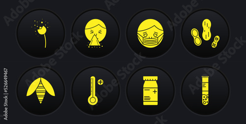 Set Bee, Peanut, Medical digital thermometer, Medicine bottle and pills, Face protective mask, Handkerchief to his runny nose, Test tube flask and Flower producing pollen icon. Vector