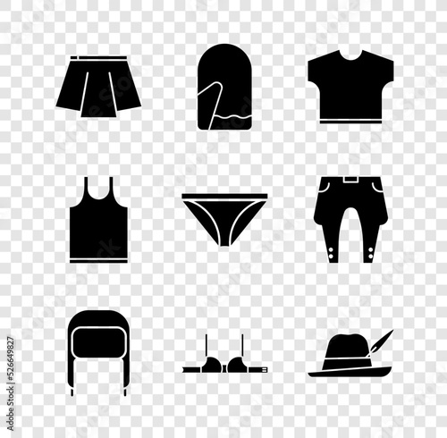 Set Skirt, Christmas mitten, T-shirt, Winter hat with ear flaps, Bra, Oktoberfest, Sleeveless and Men underpants icon. Vector