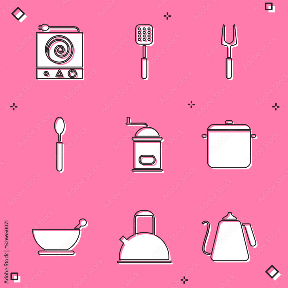 Set Electric stove, Spatula, Barbecue fork, Spoon, Manual coffee grinder, Cooking pot, Mortar and pestle and Kettle with handle icon. Vector Set Electric stove, Spatula, Barbecue fork, Spoon, Manual coffee grinder, Cooking pot, Mortar and pestle and Kettle with handle icon. Vector