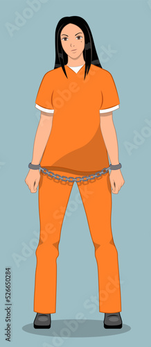 Prisoner woman. Criminal girl with handcuffs. Person in orange robe vector illustration. The lawbreaker is in jail. Criminal woman with evil grin on face. 