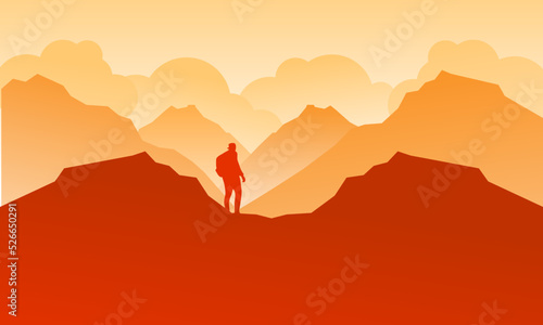 Beautiful mountain landscape design with a hiker