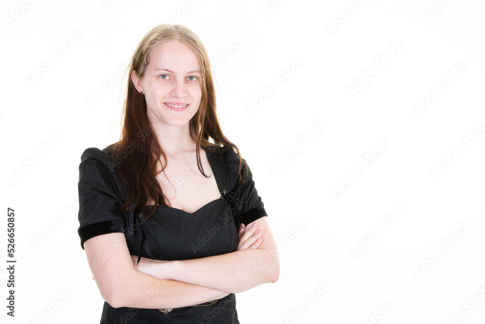 young businesswoman arms crossed on white background with empty copy space young businesswoman arms crossed on white background with empty copy space