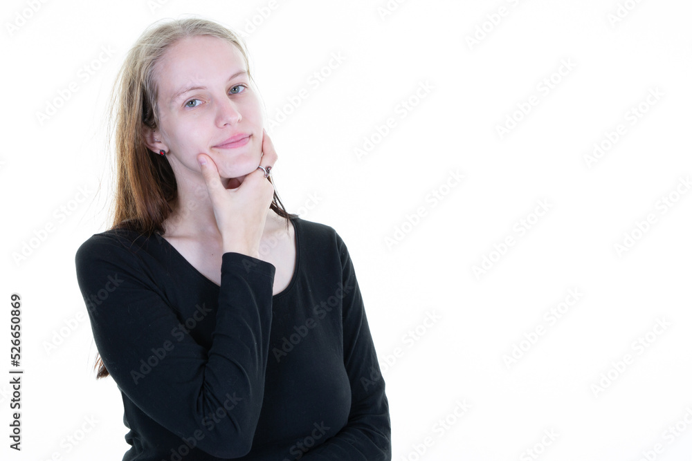 pensive beautiful young woman isolated over a white background with copyspace pensive beautiful young woman isolated over a white background with copyspace
