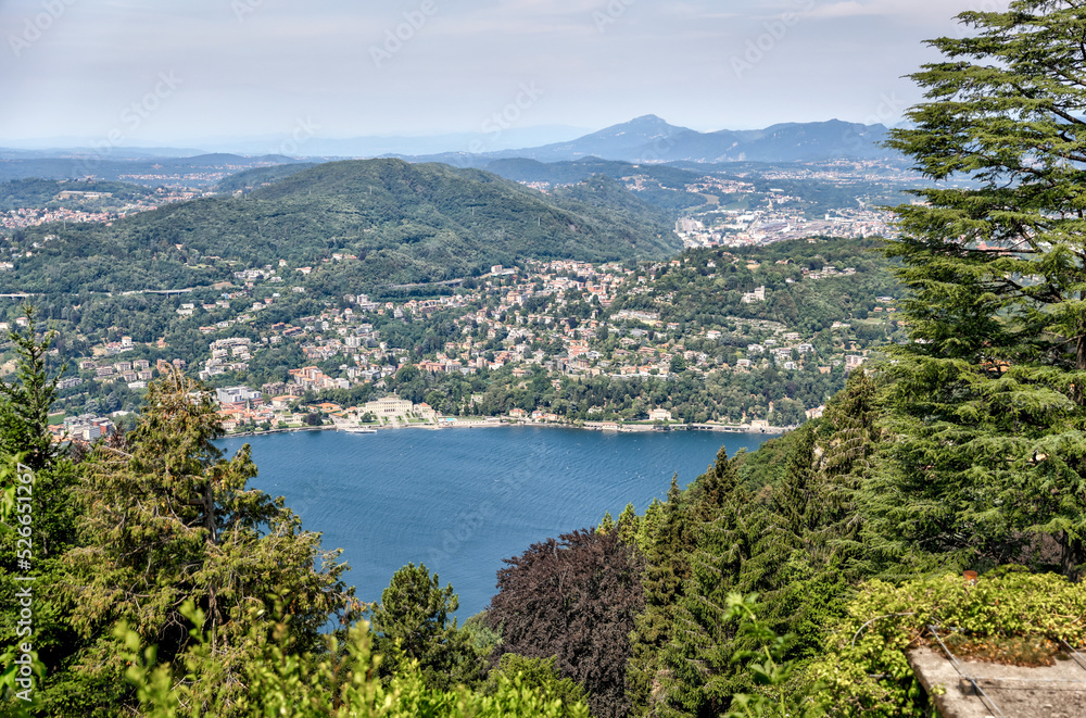 Lake Como, Italy - July 4, 2022: Aerial panoramic views of Lake Como, Italy
