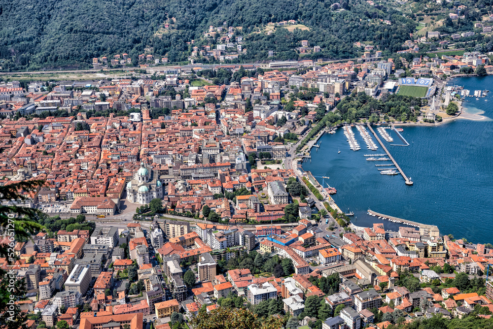 Lake Como, Italy - July 4, 2022: Aerial panoramic views of Lake Como, Italy
