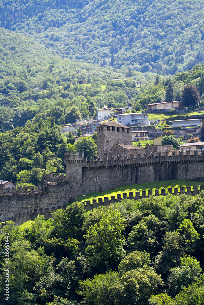 Famous Unesco Word Heritage castle Montebello at City of Bellinzona on a sunny summer day. Photo taken July 4th, 2022, Bellinzona, Switzerland.