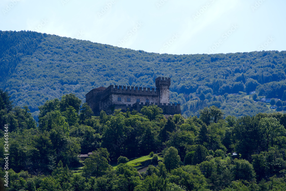 Famous Unesco Word Heritage castle Sasso Gorbaro at City of Bellinzona on a sunny summer day. Photo taken July 4th, 2022, Bellinzona, Switzerland.
