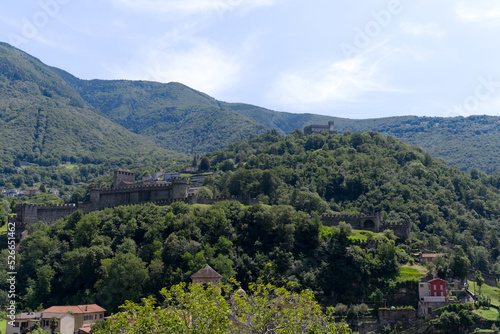 Famous Unesco Word Heritage castles Montebello and Sasso Gorbaro at City of Bellinzona on a sunny summer day. Photo taken July 4th, 2022, Bellinzona, Switzerland.